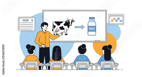 Classroom Learning How Milk Production Works Featuring Cow and Finished Milk Product Illustration