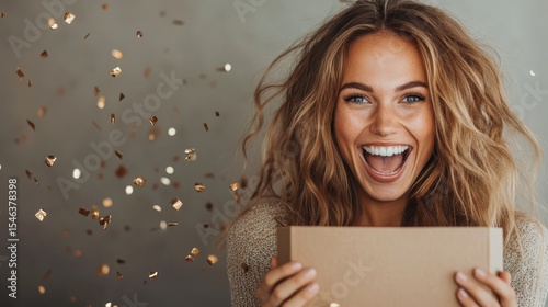 A thrilled young woman beams with joy, holding a gift box filled with confetti, embodying excitement and happiness, perfect for celebrating special moments.