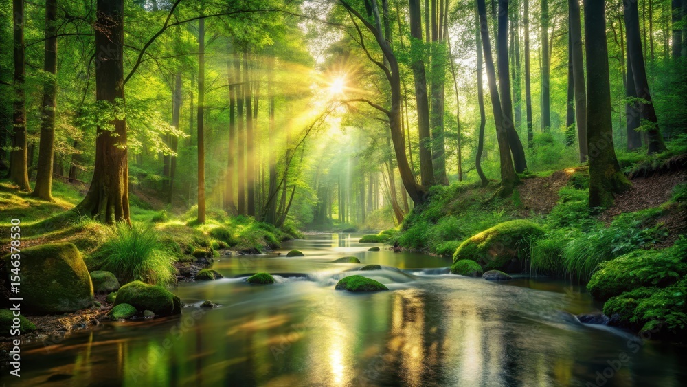 Obraz premium Serene forest stream surrounded by tall trees and lush greenery