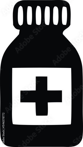 Simple black and white illustration of a medicine bottle with a cross symbol