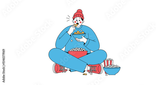 Person Sitting Cross-Legged with Junk Food Enjoying Fried Snack and Drinks Around