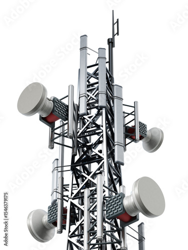Steel telecommunications tower with satellite dishes on transparent background. 3D illustration