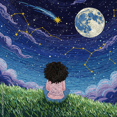 Person Watching the Moon and Stars in a Magical Night Sky Digital Embroidery Illustration