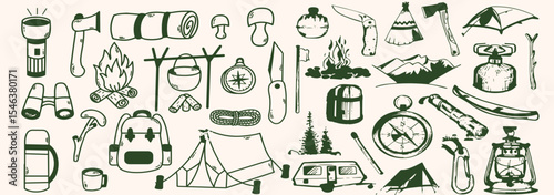 Hand-drawn travel and camping icons set in monochrome style
