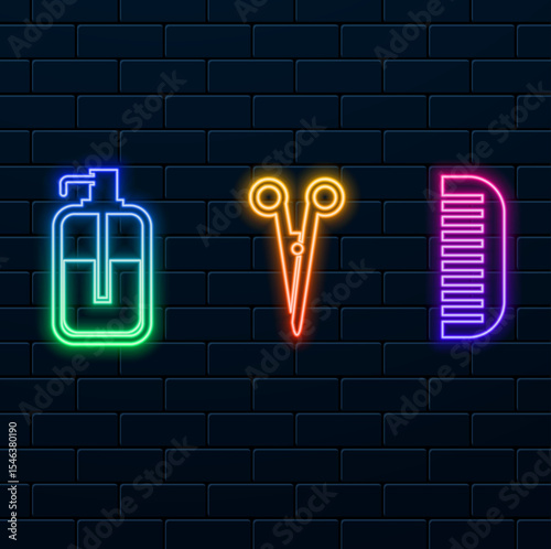 Barbershop icon set, silhouette version. neon style.Scissors and comb.neon icon. haircut. hairdresser.