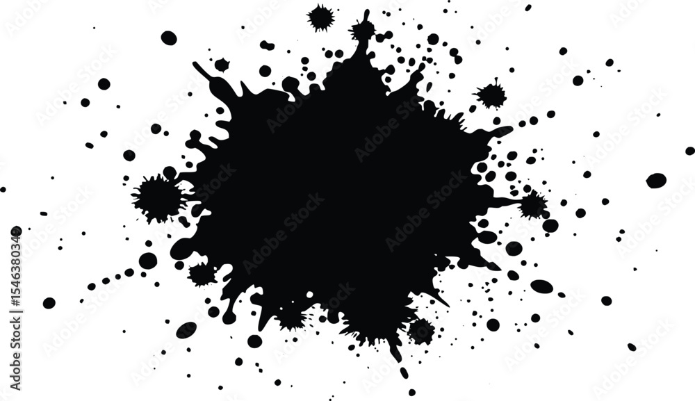 Abstract black ink splatter design on a white background.