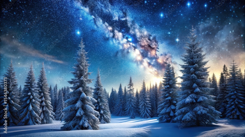 Naklejka premium Snow-covered forest landscape with tall evergreen trees and a starry night sky
