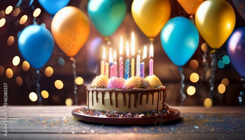birthday cake with candles and balloons