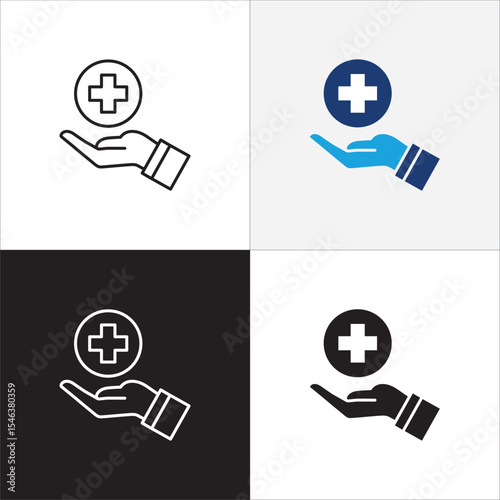 Healthcare icon set. Digital health care icon. Hands with cross medic symbol. Health insurance symbol. Icon symbol compatible for doctor, clinic, hospital, medical consultation. Vector illustration.