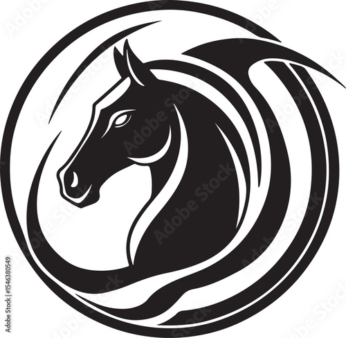 Stylized black horse head silhouette in a circular emblem