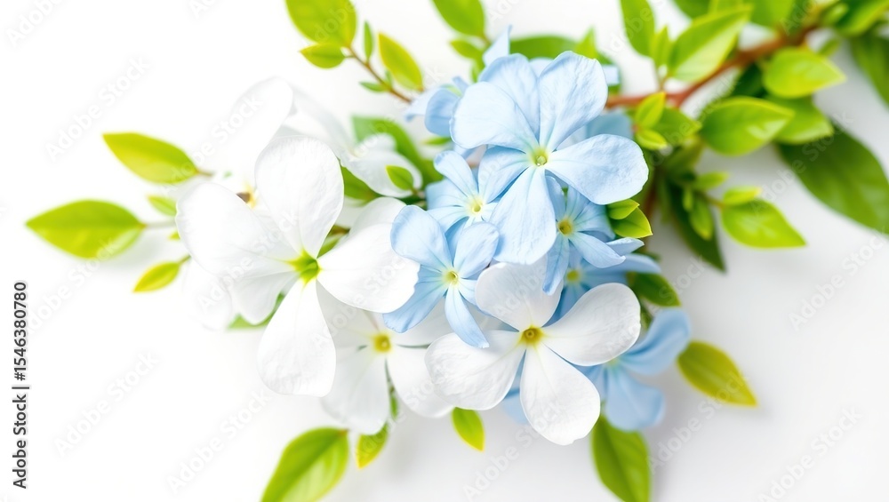 Obraz premium Close-up of white and blue five-petal flowers with green leaves on a clean white background, arranged in a balanced, soft, and minimal floral composition.