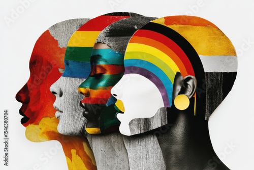 Diverse abstract portrait of people in paper collage style with pride flag colors