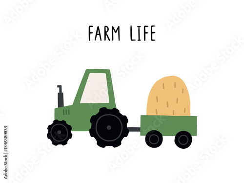 A cute hand drawn card. Cute tractor and handwritten text. Vector illustration isolated on a white background