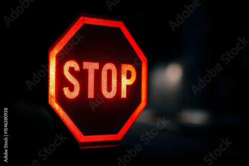 Bright red, sharply outlined stop sign warns against hasty action in dark surroundings.
