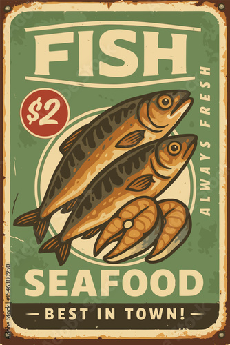 Grilled Mackerel Fish Dish Vintage Tin Sign Template, Seafood Restaurant Retro Advertising With Fillets On Rusty Background