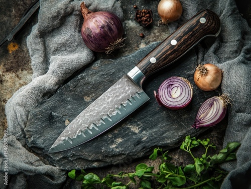 Onion and knife is laying on lovely black stone .