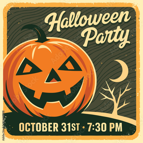 Halloween pumpkin on vintage old paper background design. Retro spooky party poster or invitation template for Halloween night event.