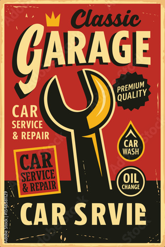 Classic Garage Decorative Print Template - Vintage Cars and Transportation Sign with Wrench Tool and Fire Motion Trail Vector Poster