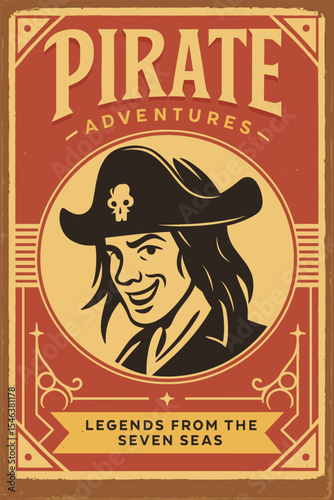Pirate Adventures Vintage Book Cover - Retro Poster with Pirate Portrait and Antique Ornaments - Vector Illustration