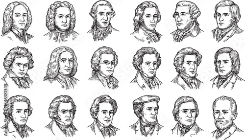 A detailed black-and-white illustration featuring 15 iconic Classical music composers, showcasing intricate line work and historical attire, perfect for music history education, posters, or artistic d