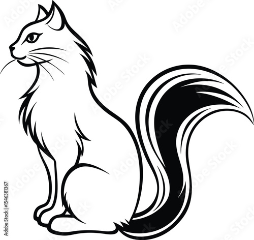 Stylized black and white illustration of a sitting cat with a bushy tail