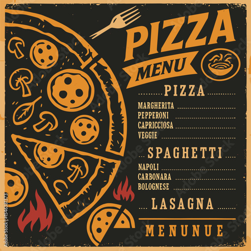 Pizza Menu Chalkboard Design - Creative Vector Concept on Black Background - Restaurant Signage