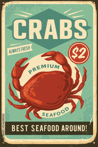 Crab Seafood Tin Sign - Vintage Restaurant Poster - Retro Marine Theme Vector Art