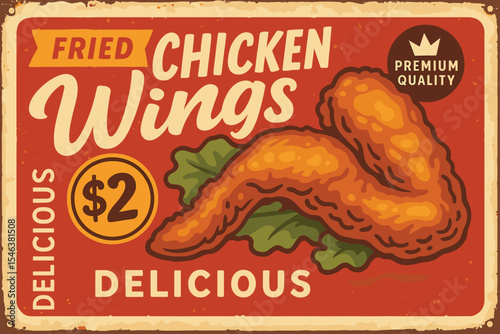 Crispy Fried Chicken Sign - Vintage Diner Poster on Red Background - Retro Lunch Ad
