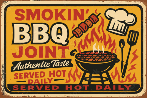 Retro Barbecue Party Sign - Grilled Food Event Poster on Red Background - Vector Layout