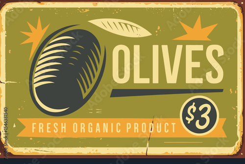 Organic Olives Retro Sign - Healthy Food Concept Vector Advertisement - Mediterranean Diet
