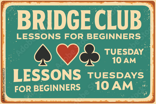 Bridge Club Vintage Sign - Card Games Retro Metal Poster - Leisure Activity Vector
