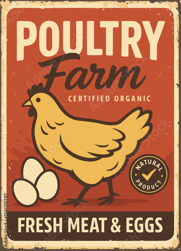 Chicken Farm Vintage Sign - Yellow Chickens and Eggs on Red Background - Retro Billboard