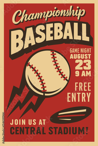 Baseball Tournament Retro Poster Template With Close-Up Ball On Grunge Red Background, Sports Event Vector Illustration