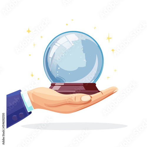 Hand holding a mystical crystal ball for fortune telling and magical predictions.