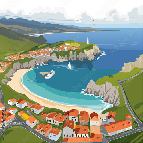 Coastal Town with Lighthouse and Beach, Northern Spain Scenery