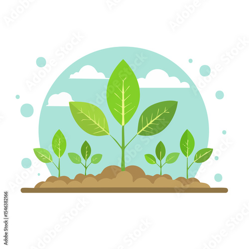 Cartoon illustration of growing plants in soil under a light blue sky with white clouds and pastel blue bubbles.