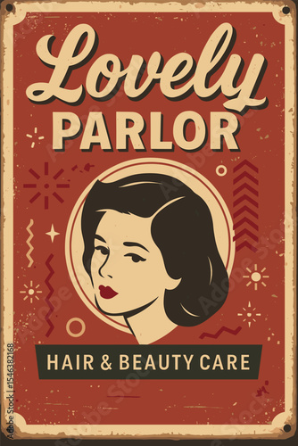 Retro Beauty Salon Poster with Girl Portrait, Comic Style Banner and Memphis Design