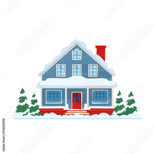 Stylized Winter House Illustration with Snow Covered Roof and Trees