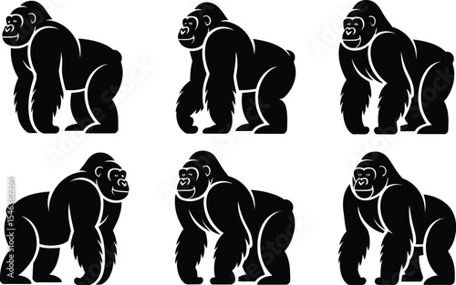 Six black silhouette gorillas in various poses