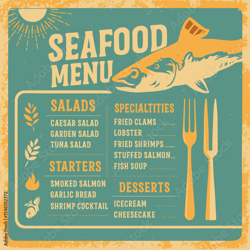 Seafood Restaurant Menu Design - Abstract Diner Menu Layout on Black Background - Bistro Menu Concept