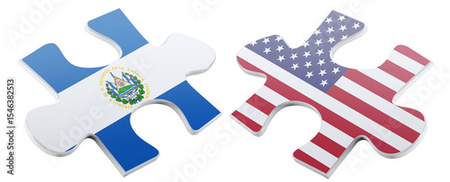 Two puzzle pieces, one featuring the flag of El Salvador and the other showcasing the United States flag, represent the concept of partnership and connection between nations.