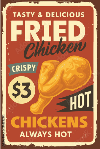 Fried Chicken Retro Poster - Wings, Breasts & Drumsticks Ad - Vintage Diner Flyer Vector