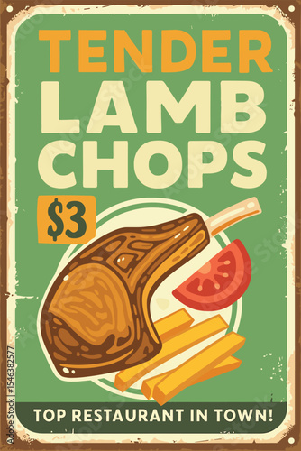 Grilled Lamb Chops Menu - Vintage Restaurant Poster with Fries and Tomato - Fast Food Vector