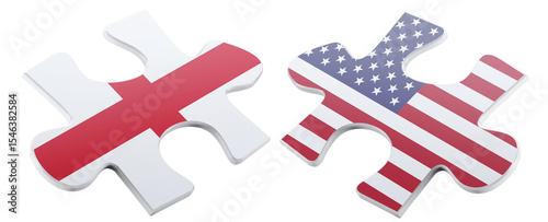 Conceptual image depicting two puzzle pieces, one adorned with the flag of England and the other with the USA flag, symbolizing connection and partnership between nations.