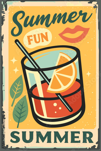 Tropical Summer Joy Sign - Exotic Juice and  Fruits Retro Design - Vacation Vector Art