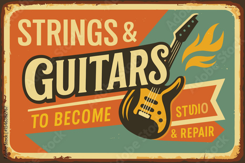 Guitar Store Vintage Sign - Electric Guitar Retro Ad with Creative Typography - Vector Art