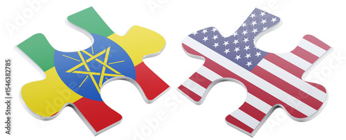 Two puzzle pieces, one adorned with the colors and emblem of Ethiopia's flag, the other showcasing the Stars and Stripes of the USA, illustrating international connection.