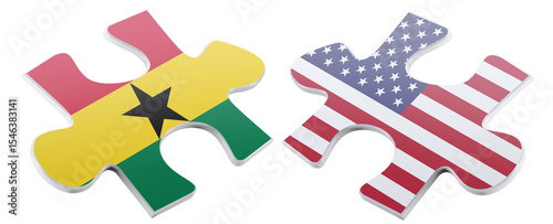 Two puzzle pieces, one depicting the Ghana flag and one with the United States flag, show visual metaphor for alliance, cooperation and collaboration between the nations.