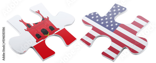 Two puzzle pieces, one displaying the Gibraltar flag and the other the American flag, symbolize connection and cooperation with a bright, conceptual visual style.