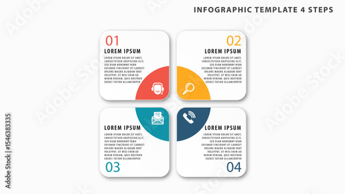Infographic template with four steps featuring colorful icons and text blocks arranged in square layout for clear visual presentation